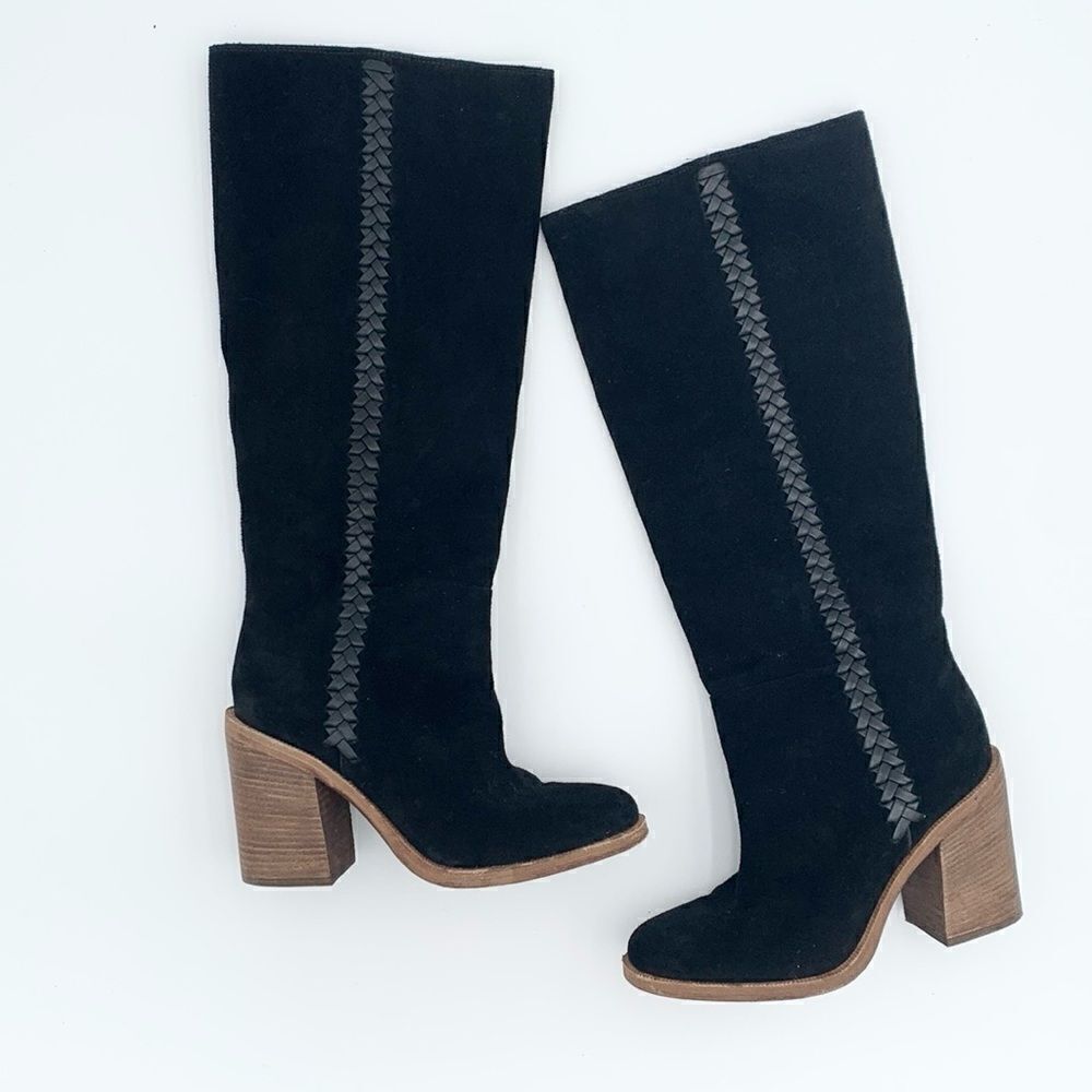 UGG Maeva tall heeled black suede leather boots braided details size 6.5